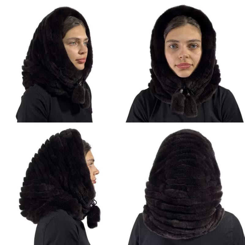 Womens Rabbit Fur Hood Hat Winter Real Fur Hood Luxury Fur Scarf Hat