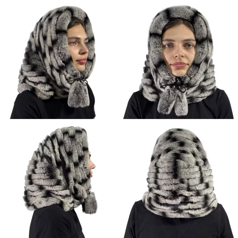 Womens Rabbit Fur Hood Hat Winter Real Fur Hood Luxury Fur Scarf Hat