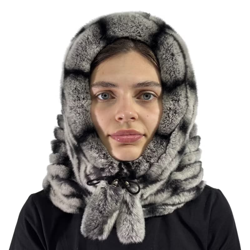 Womens Rabbit Fur Hood Hat Winter Real Fur Hood Luxury Fur Scarf Hat