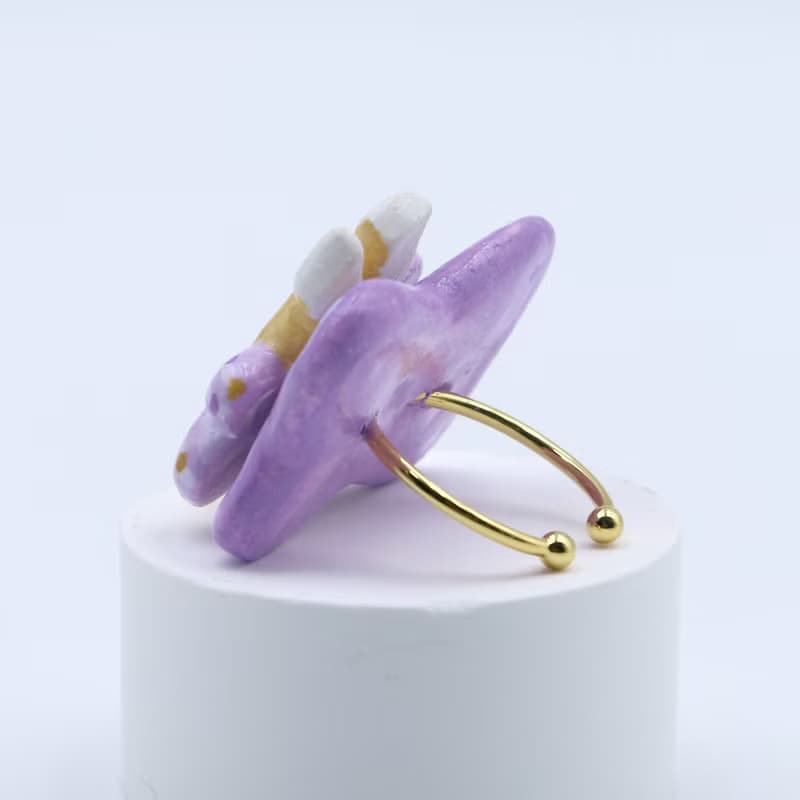 【白貓天使比心心】粉紫色蝴蝶結貓咪原創手作旋轉戒指