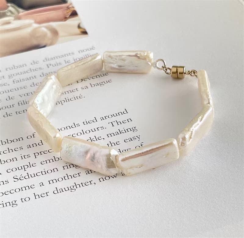 天然 淡水パール 長方形 パールのブレスレット(K14gf) オーロラカラー