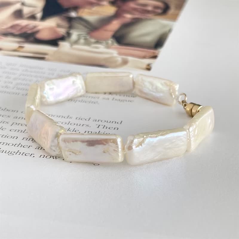 天然 淡水パール 長方形 パールのブレスレット(K14gf) オーロラカラー