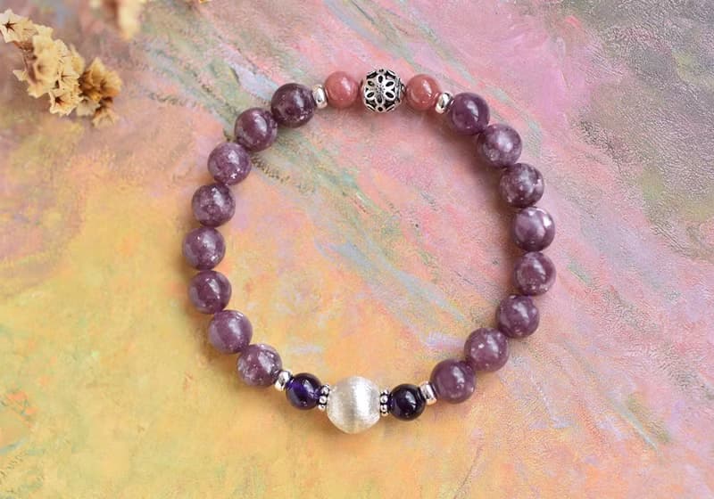 閃耀鋰雲母+玫瑰石+紫水晶純銀水晶手鍊