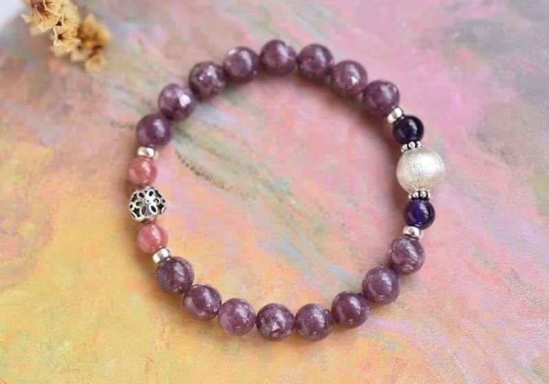 閃耀鋰雲母+玫瑰石+紫水晶純銀水晶手鍊