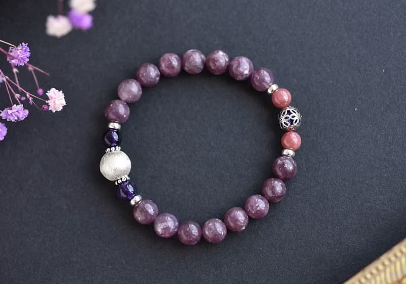 閃耀鋰雲母+玫瑰石+紫水晶純銀水晶手鍊