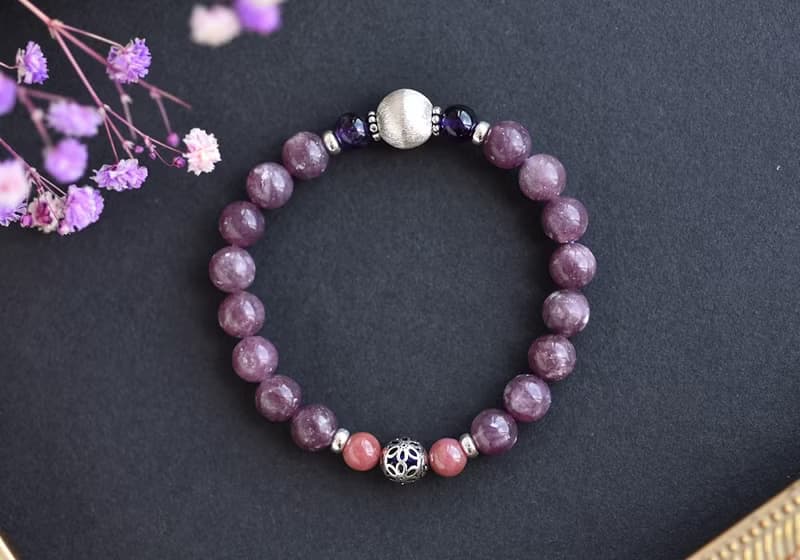 閃耀鋰雲母+玫瑰石+紫水晶純銀水晶手鍊