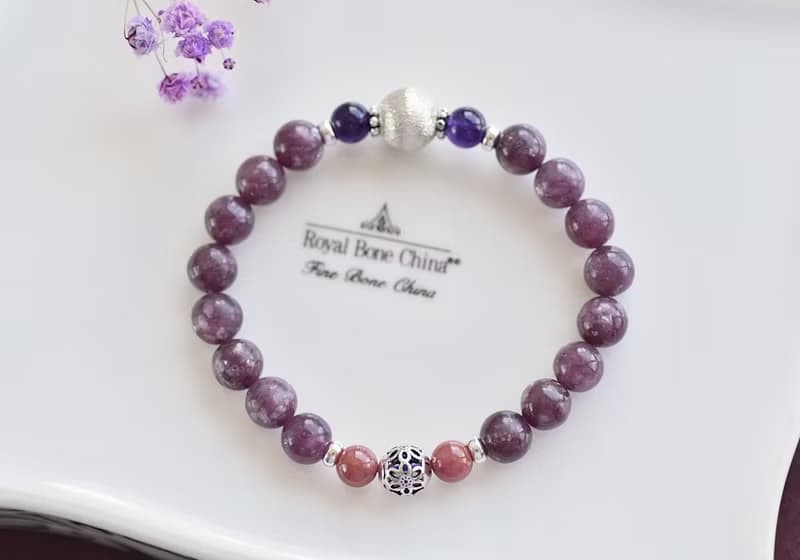閃耀鋰雲母+玫瑰石+紫水晶純銀水晶手鍊