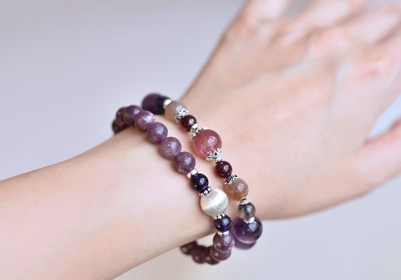 閃耀鋰雲母+玫瑰石+紫水晶純銀水晶手鍊