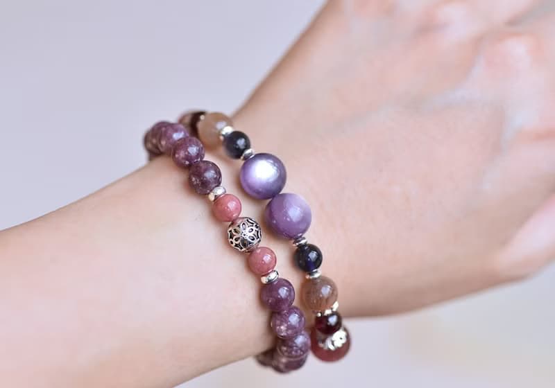 閃耀鋰雲母+玫瑰石+紫水晶純銀水晶手鍊