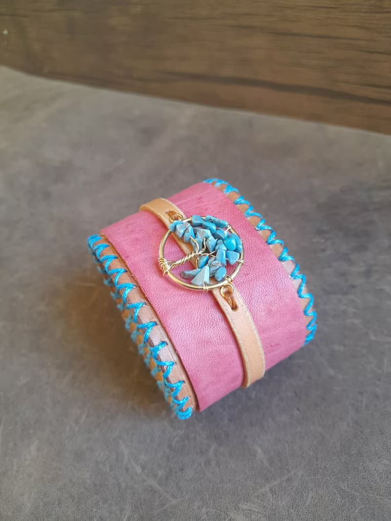 Turquoise Tree of Life Pink Leather Bracelet