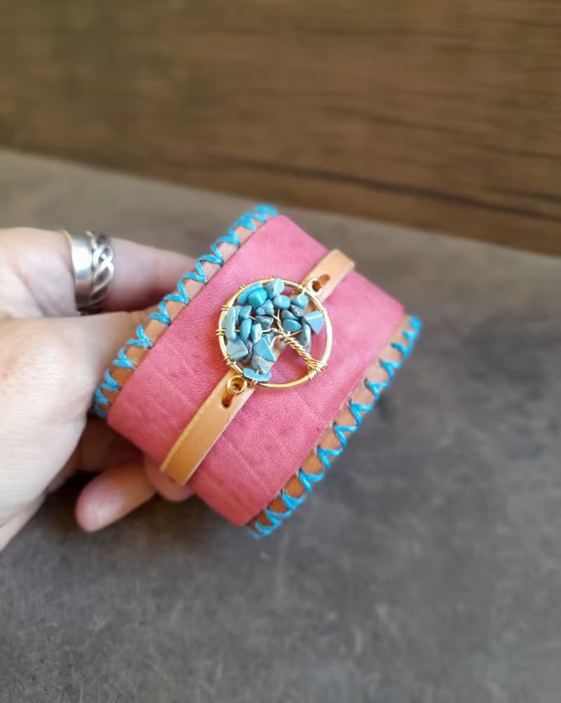 Turquoise Tree of Life Pink Leather Bracelet