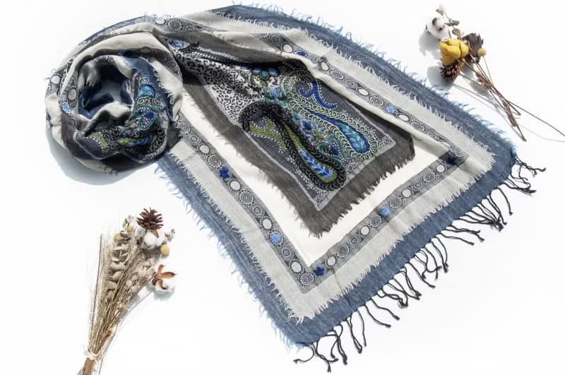 喀什米爾Cashmere/水煮羊毛披肩/針織圍巾/刺繡圍巾/羊絨披巾-花