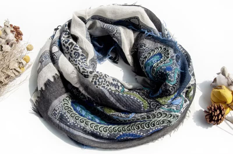 喀什米爾Cashmere/水煮羊毛披肩/針織圍巾/刺繡圍巾/羊絨披巾-花