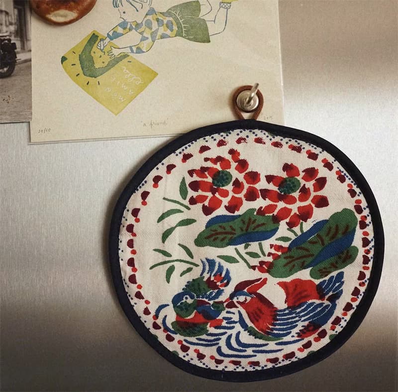 鴛鴦荷花 藍圓點手工織布 雙面用 夾棉防燙餐墊 隔熱布墊