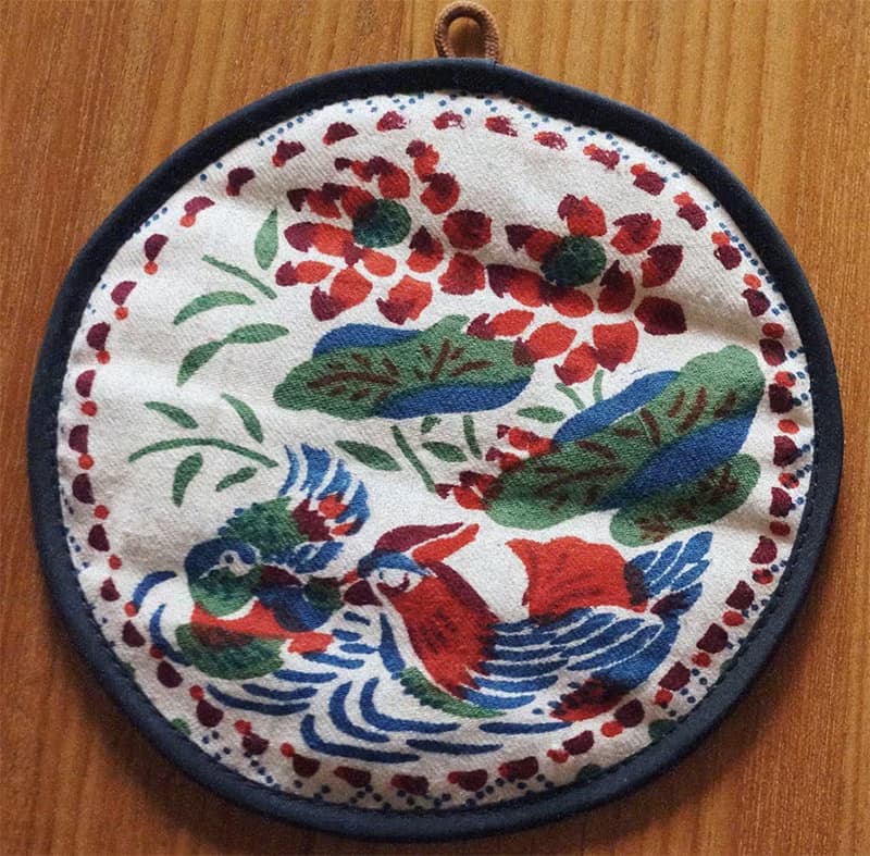 鴛鴦荷花 藍圓點手工織布 雙面用 夾棉防燙餐墊 隔熱布墊