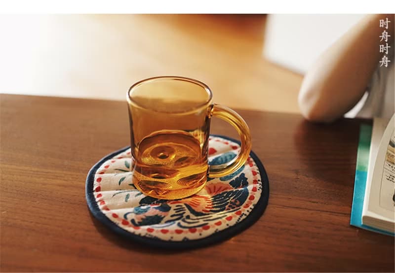 鴛鴦荷花 藍圓點手工織布 雙面用 夾棉防燙餐墊 隔熱布墊