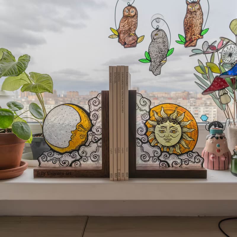 Stained glass bookends with moon and sun, Celestial home decor, Moon Tarot Art