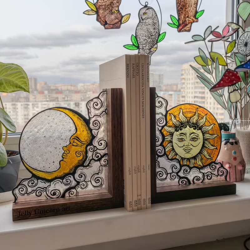 Stained glass bookends with moon and sun, Celestial home decor, Moon Tarot Art