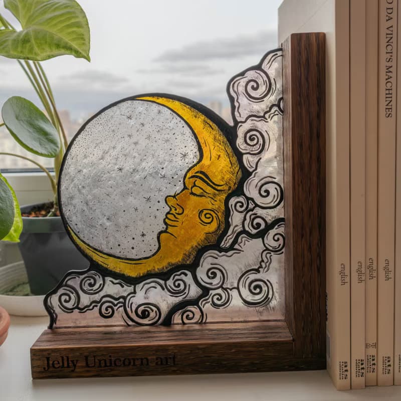 Stained glass bookends with moon and sun, Celestial home decor, Moon Tarot Art