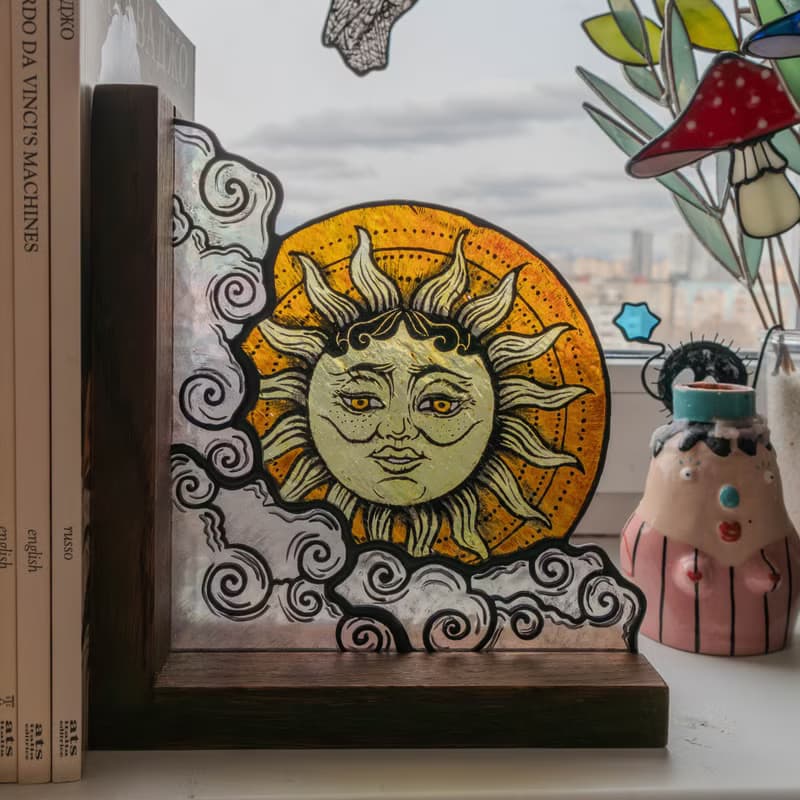 Stained glass bookends with moon and sun, Celestial home decor, Moon Tarot Art