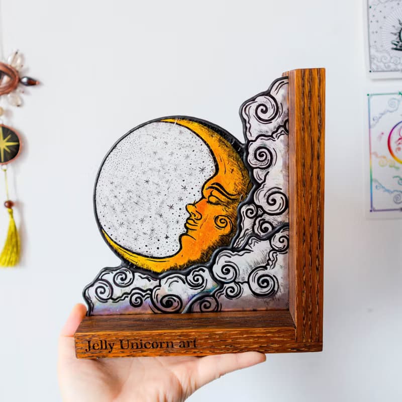 Stained glass bookends with moon and sun, Celestial home decor, Moon Tarot Art