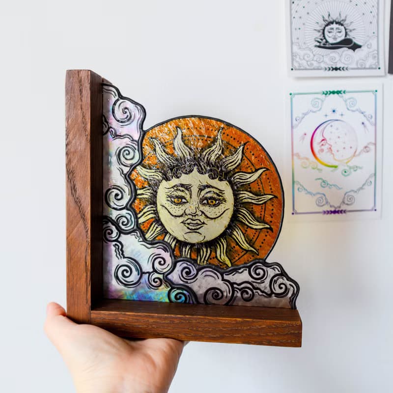 Stained glass bookends with moon and sun, Celestial home decor, Moon Tarot Art