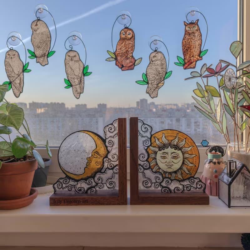 Stained glass bookends with moon and sun, Celestial home decor, Moon Tarot Art