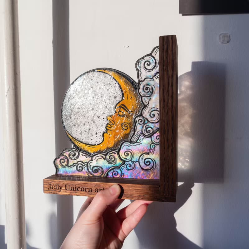 Stained glass bookends with moon and sun, Celestial home decor, Moon Tarot Art