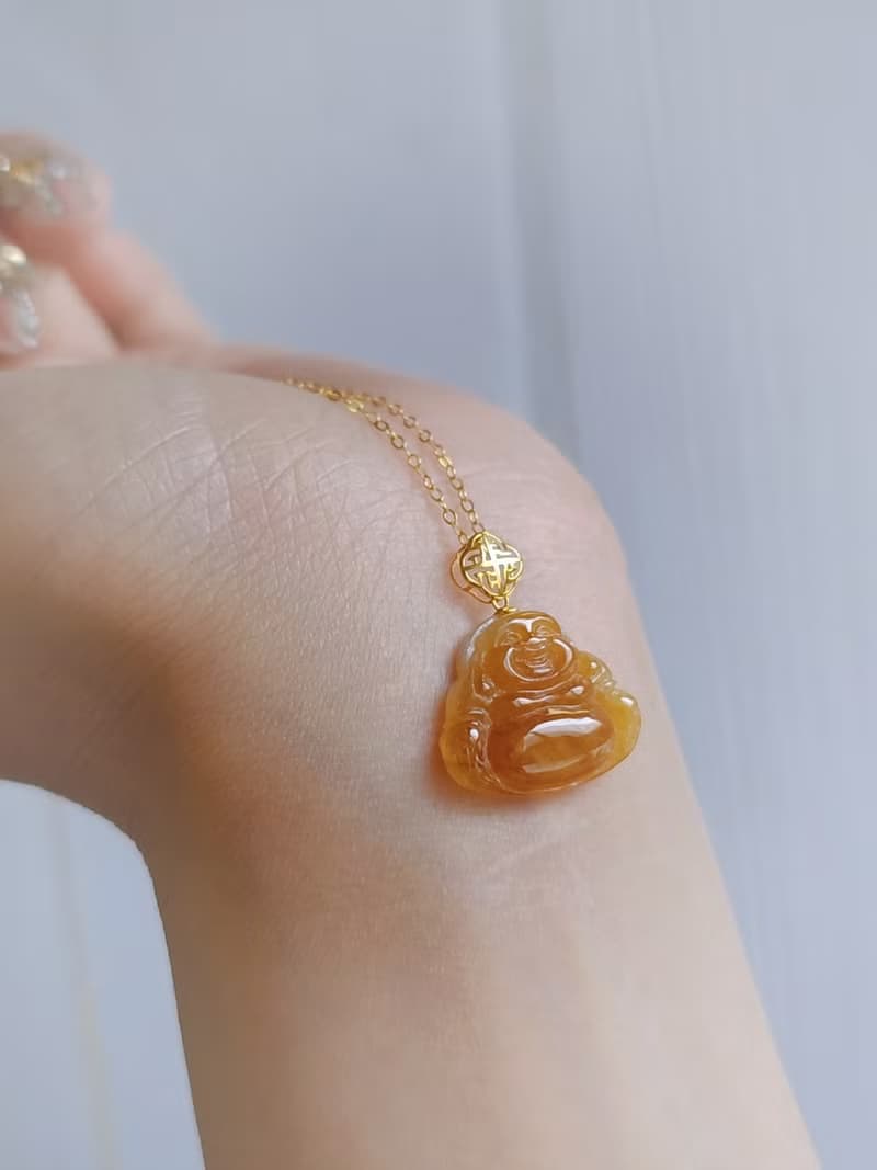 招財•樂活|純18k金無燒冰蜂蜜黃翡佛公|緬甸A貨翡翠吊墜項鍊