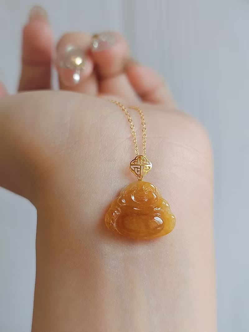 招財•樂活|純18k金無燒冰蜂蜜黃翡佛公|緬甸A貨翡翠吊墜項鍊