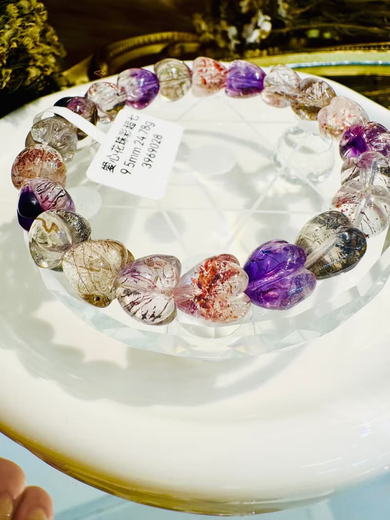 精品愛心花珠透體多礦彩超七9.5mm24.78g彼岸花紫超三輪骨幹水晶