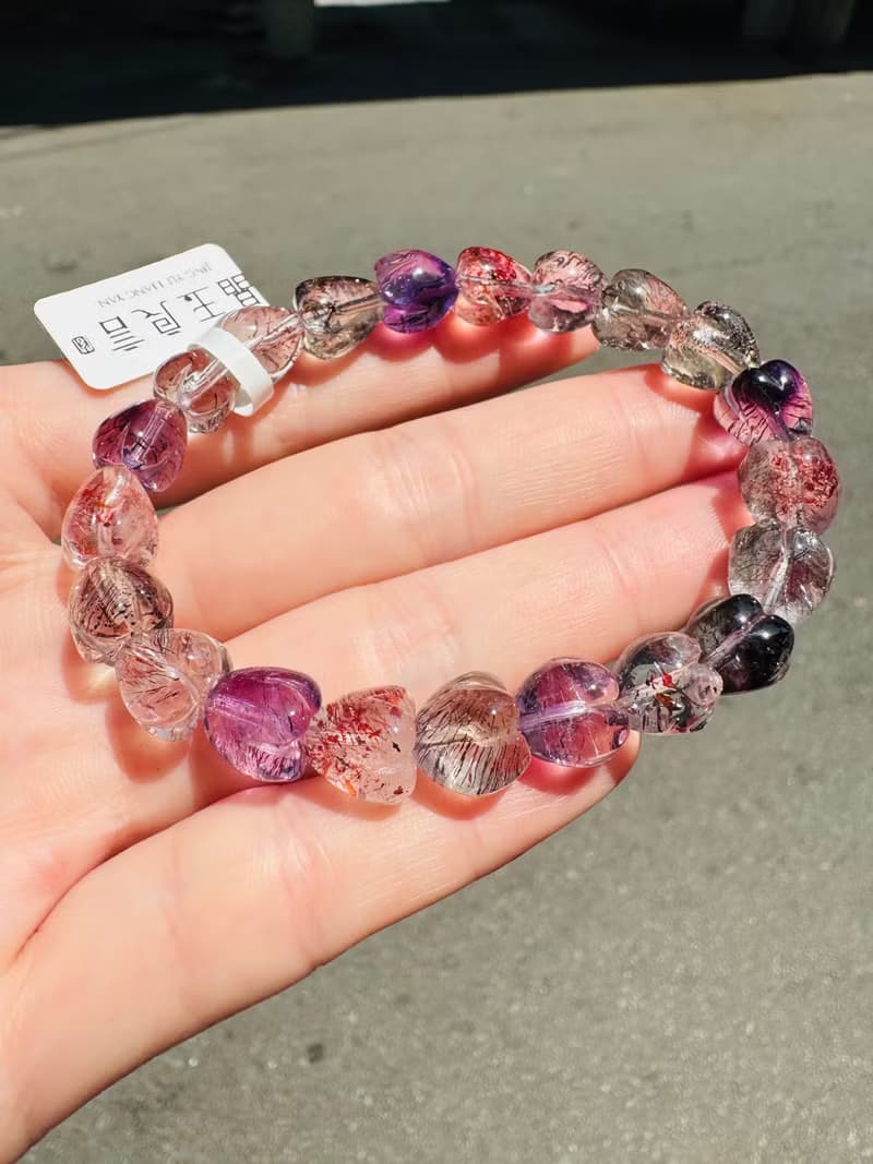 精品愛心花珠透體多礦彩超七9.5mm24.78g彼岸花紫超三輪骨幹水晶