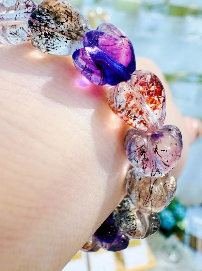 精品愛心花珠透體多礦彩超七9.5mm24.78g彼岸花紫超三輪骨幹水晶