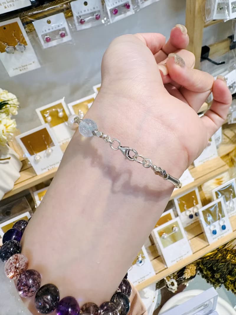 胭脂玫瑰瑪瑙清透海藍寶珍珠招財實心體純銀竹節獨家設計款