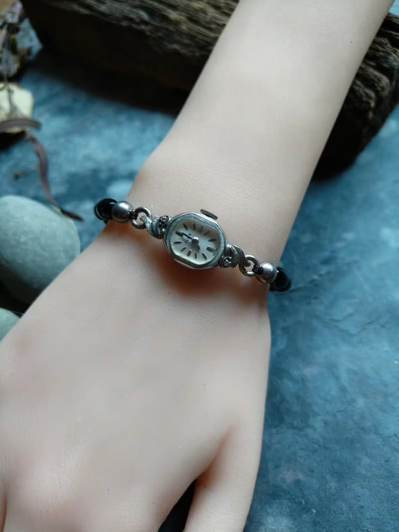 稀有Elgin 串珠帶銀珠 10k包金 真鑽古董錶 機械手上鍊錶