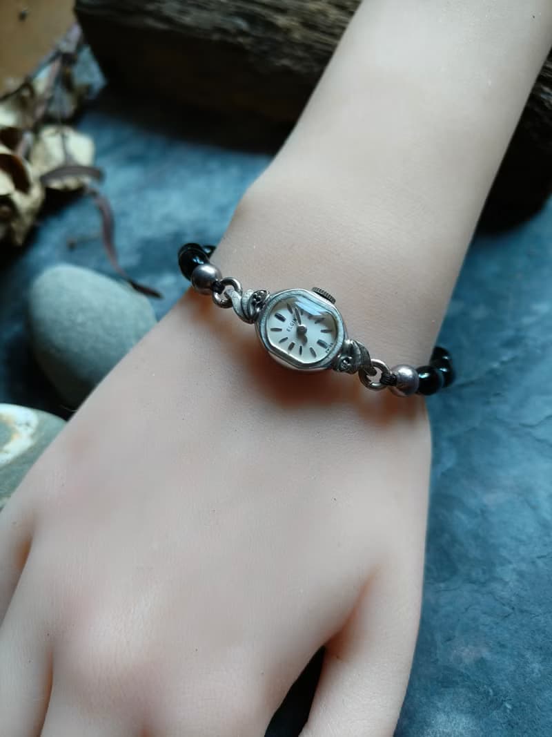 稀有Elgin 串珠帶銀珠 10k包金 真鑽古董錶 機械手上鍊錶