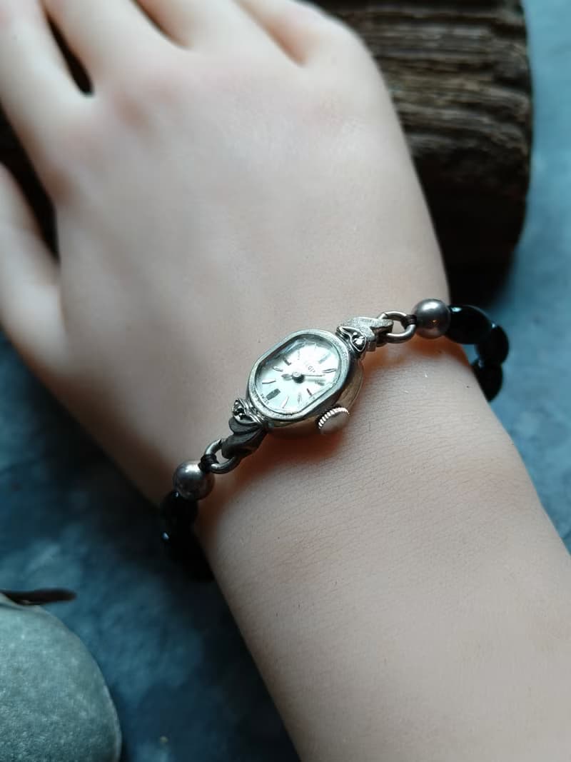 稀有Elgin 串珠帶銀珠 10k包金 真鑽古董錶 機械手上鍊錶