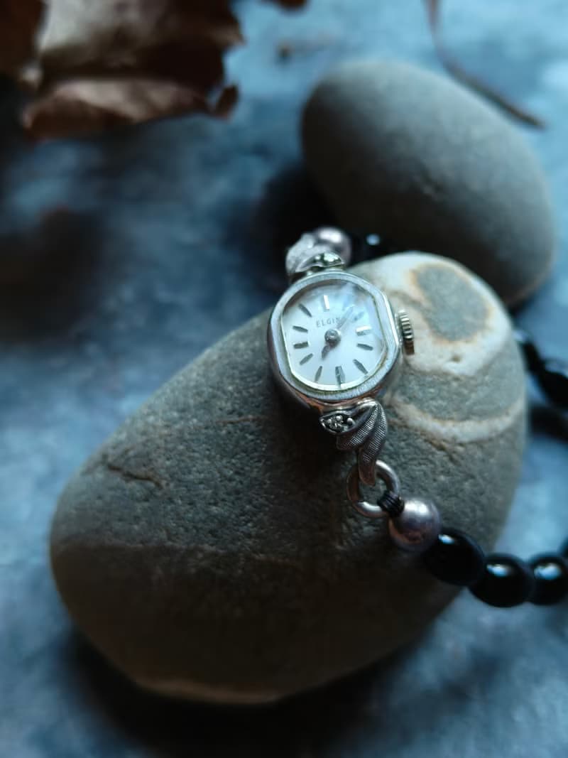 稀有Elgin 串珠帶銀珠 10k包金 真鑽古董錶 機械手上鍊錶