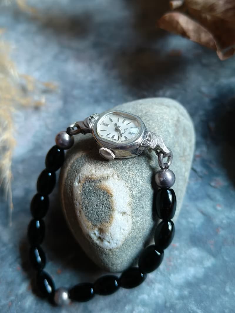 稀有Elgin 串珠帶銀珠 10k包金 真鑽古董錶 機械手上鍊錶