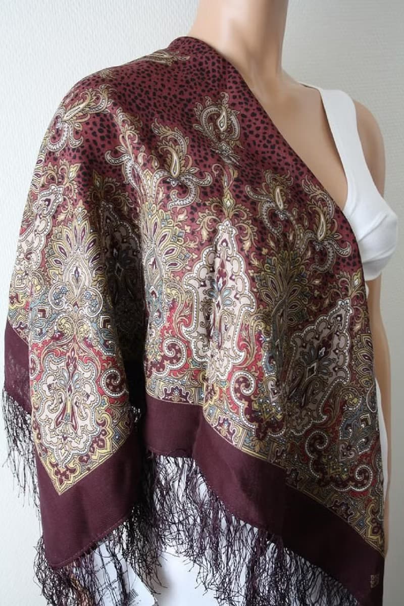 Authentic Pavlovo Posad Russian Shawl Soft Scarf 100% Wool 89x89 cm 855-7