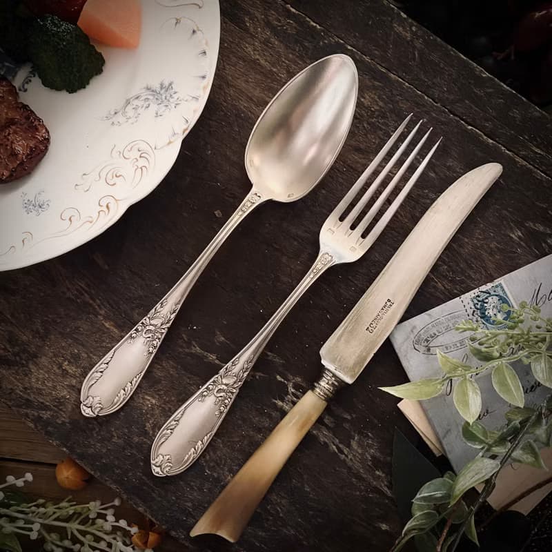 法國SFAM路易十六風格 訂製款 高浮雕銅鍍銀餐叉/湯匙組