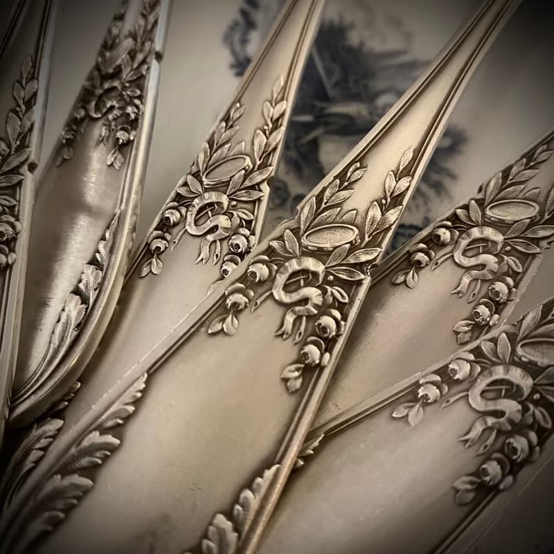 法國SFAM路易十六風格 訂製款 高浮雕銅鍍銀餐叉/湯匙組