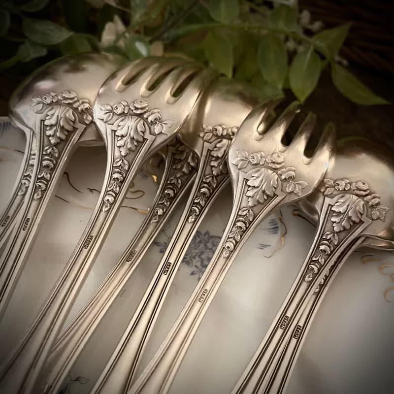 法國SFAM路易十六風格 訂製款 高浮雕銅鍍銀餐叉/湯匙組