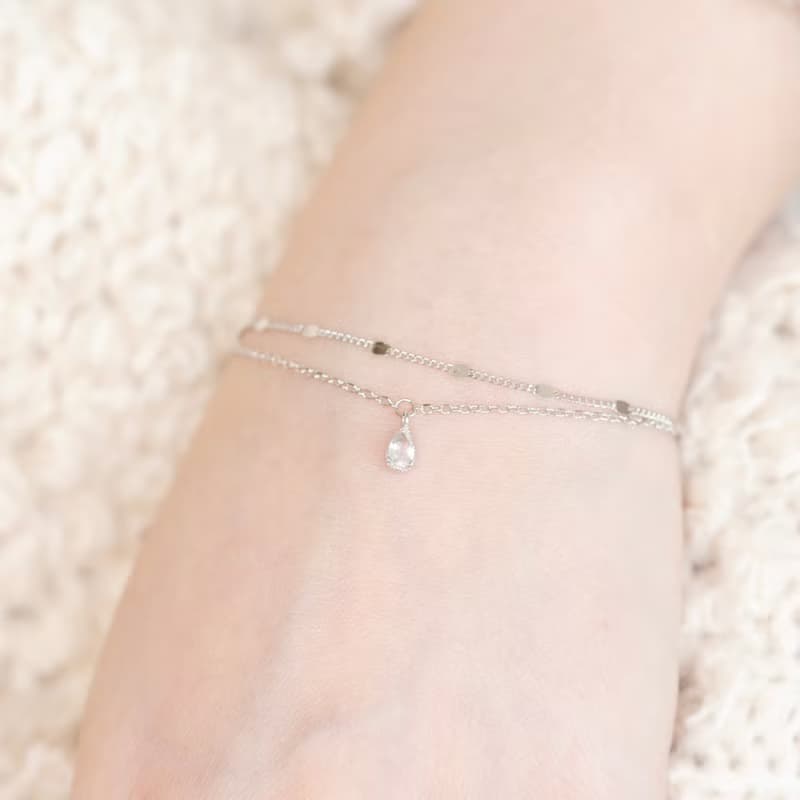 白水晶925純銀水滴寶石雙層手鍊