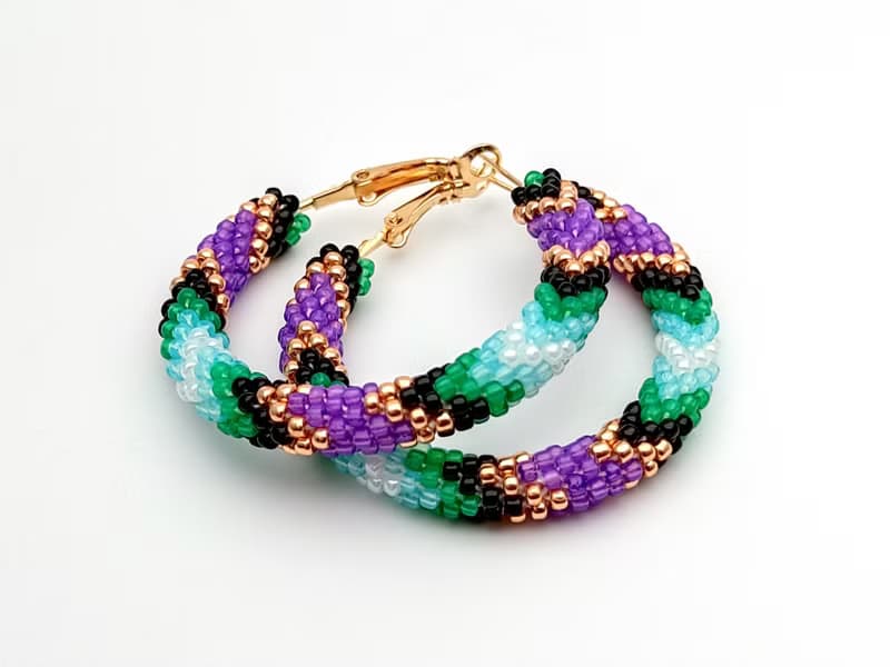 串珠耳環, 圈型耳環, Big beaded hoop earrings, Purple green earrings, Handmade jewelry