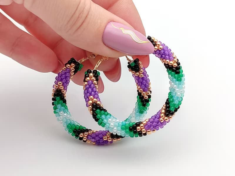 串珠耳環, 圈型耳環, Big beaded hoop earrings, Purple green earrings, Handmade jewelry