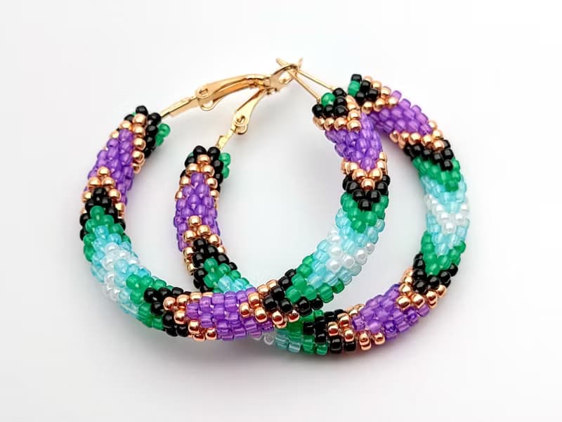 串珠耳環, 圈型耳環, Big beaded hoop earrings, Purple green earrings, Handmade jewelry