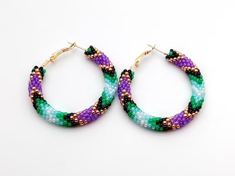 串珠耳環, 圈型耳環, Big beaded hoop earrings, Purple green earrings, Handmade jewelry