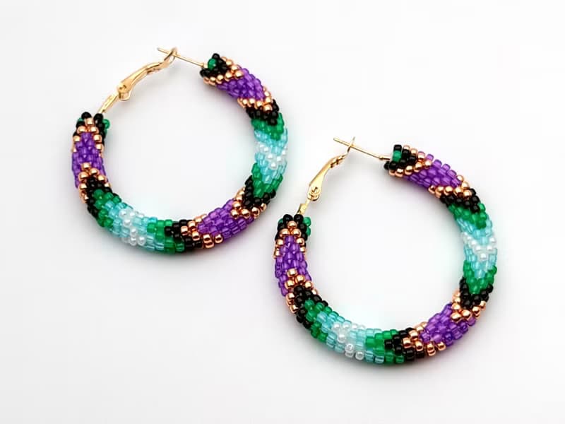 串珠耳環, 圈型耳環, Big beaded hoop earrings, Purple green earrings, Handmade jewelry