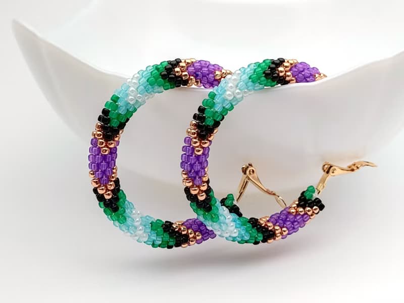 串珠耳環, 圈型耳環, Big beaded hoop earrings, Purple green earrings, Handmade jewelry